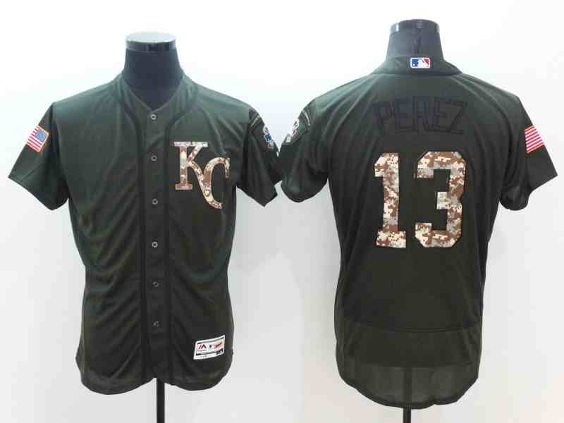 Royals 13 Salvador Perez Olive Green Flexbase Jersey