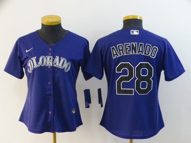Rockies 28 Nolan Arenado Purple Women 2020 Nike Cool Base Jersey