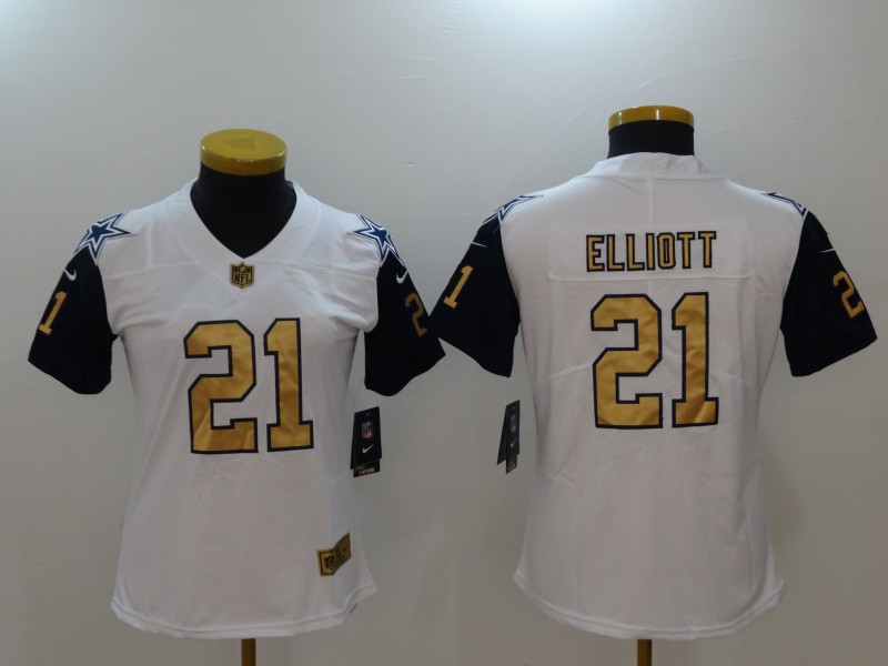 Nike Cowboys 21 Ezekiel Elliott White Gold Women Color Rush Limited Jersey