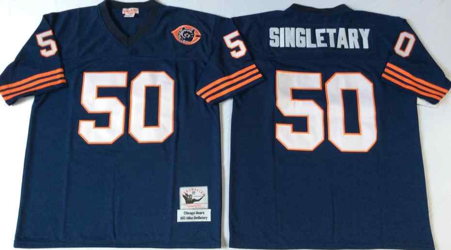 Men's Chicago Bears 50 Mike Singletary Throwback Navy Blue Jersey with Bear Patch