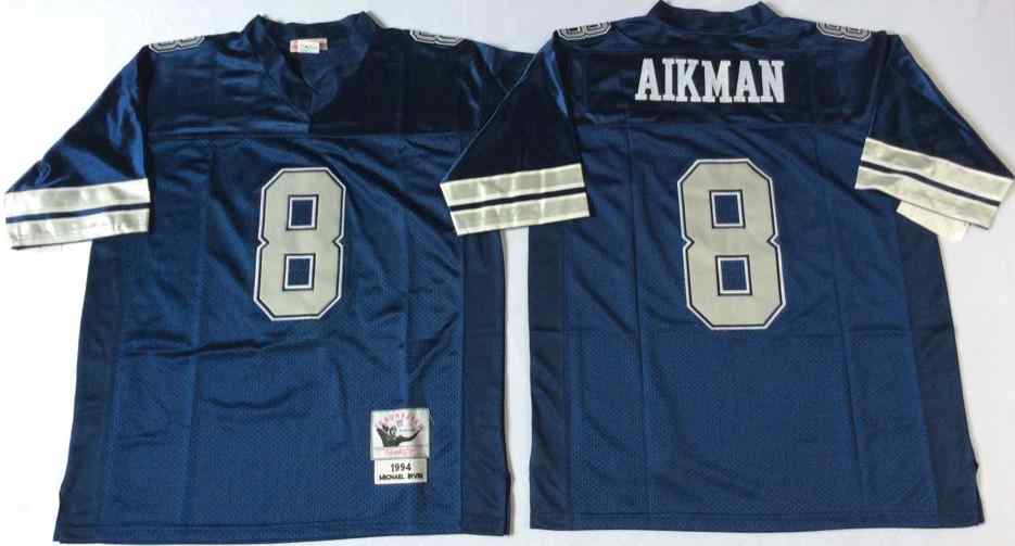 Men's Dallas Cowboys 8 Troy Aikman 1994 Throwback Navy Blue Jersey
