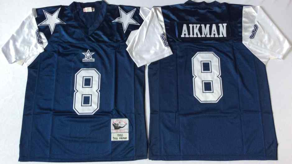 Men's Dallas Cowboys 8 Troy Aikman 1995 Throwback Navy Blue Jersey