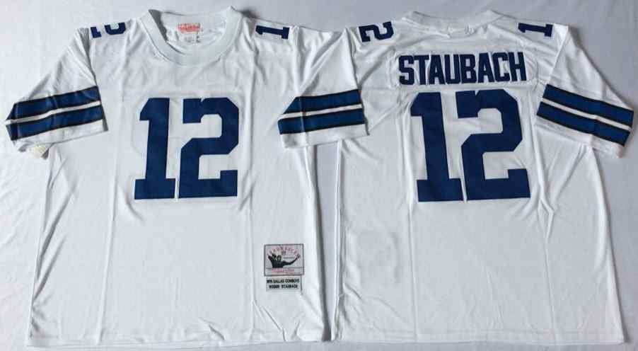 Men's Dallas Cowboys 12 Roger Staubach 1977 Throwback White Jersey