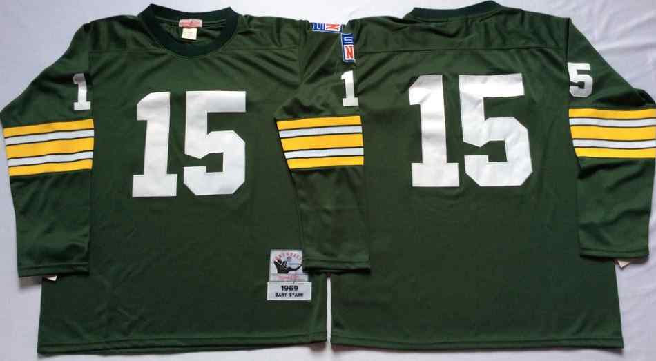 Men's Green Bay Packers 15 Bart Starr 1969 Throwback Green Jersey