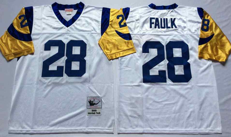 Men's Los Angeles Rams #28 Marshall Faulk Throwback White Jersey