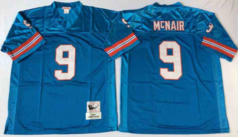 Men's Houston Oilers #9 Steve McNair Light Blue Mitchell&Ness Throwback Jersey
