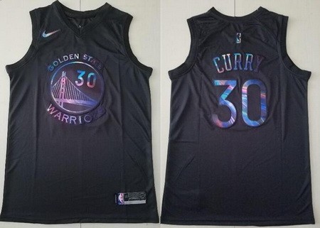 Men's Golden State Warriors #30 Stephen Curry Black Iridescent Holographic Icon Swingman Jersey