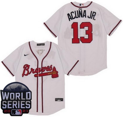 Men's Atlanta Braves #13 Ronald Acuna Jr White 2021 World Series Cool Base Jersey