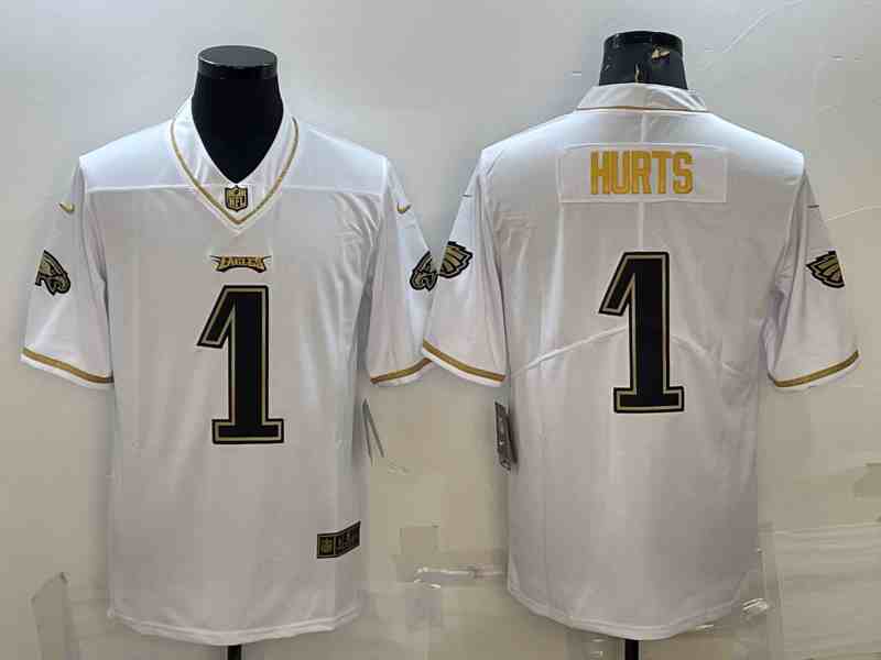 Men's Philadelphia Eagles 1 Jalen Hurts White 100th Season Golden Edition Jersey