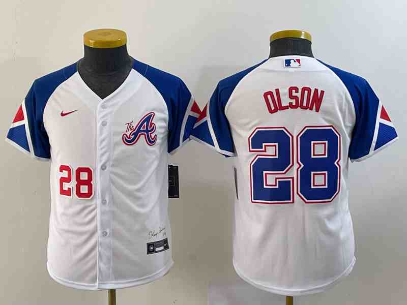 Youth Atlanta Braves #28 Matt Olson Number White 2023 City Connect Cool Base Stitched Jersey