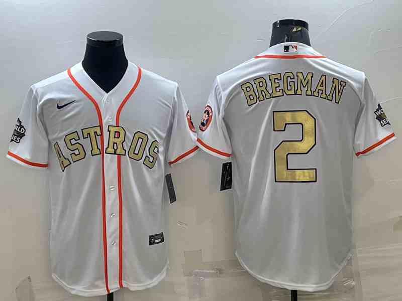 Men's Houston Astros #2 Alex Bregman White Gold 2022 World Series Champions Stitched Cool Base Nike Jersey1