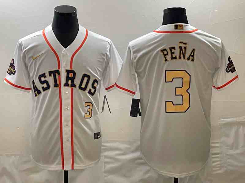Men's Houston Astros #3 Jeremy Pena 2023 White Gold World Serise Champions Patch Cool Base Stitched Jersey1