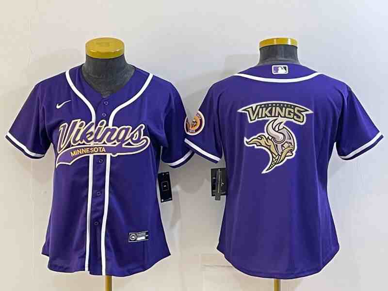 Women's Minnesota Vikings Purple Team Big Logo With Patch Cool Base Stitched Baseball Jersey