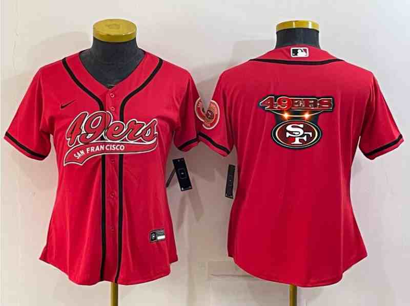 Women's San Francisco 49ers Red Team Big Logo With Patch Cool Base Stitched Baseball Jersey (2)