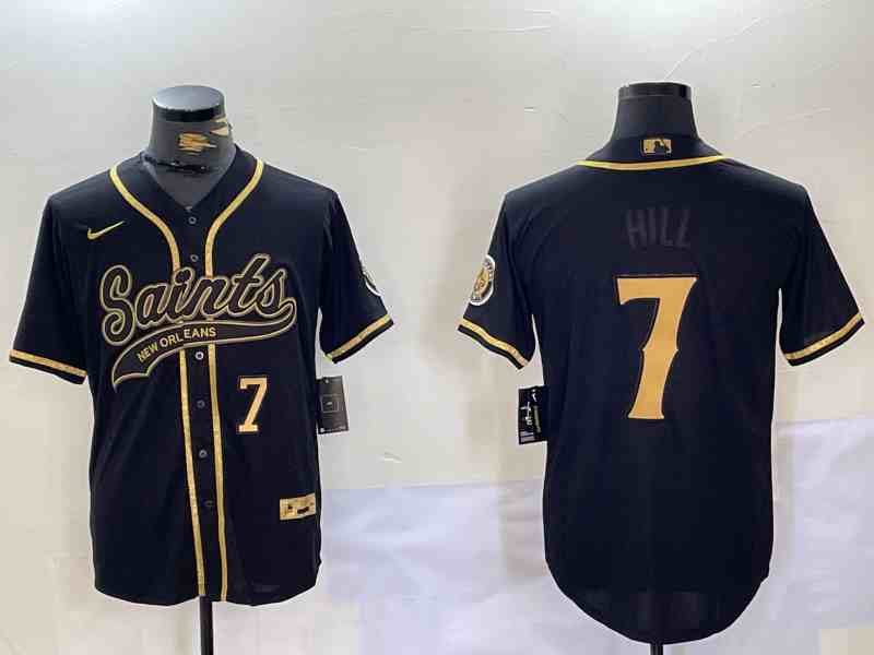 Men's New Orleans Saints #7 Taysom Hill Black With Patch Cool Base Stitched Button Jersey-5