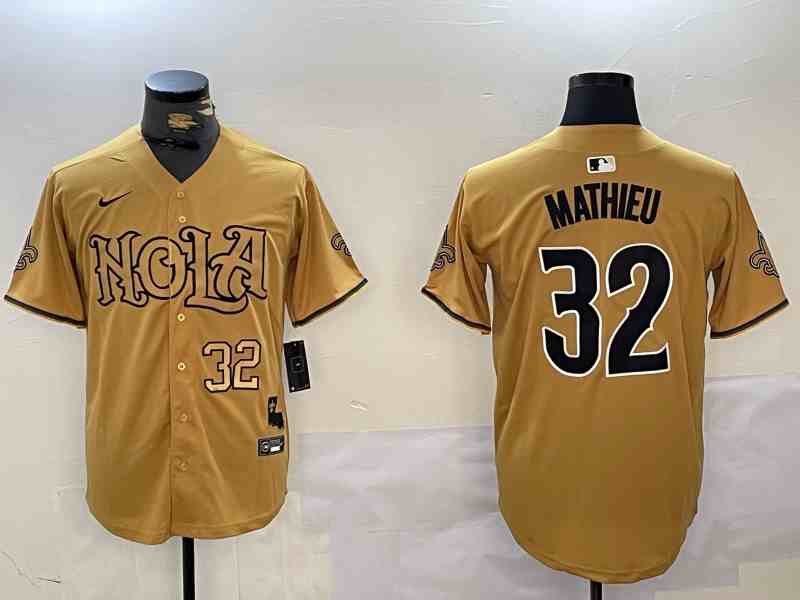 Men's New Orleans Saints #32 32 Tyrann Mathieu Number Gold Nola Button Jersey-3