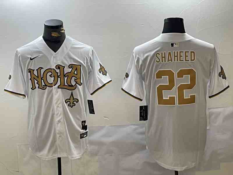 Men's New Orleans Saints #22 Rashid Shaheed White Cool Base Stitched Button Jersey-2
