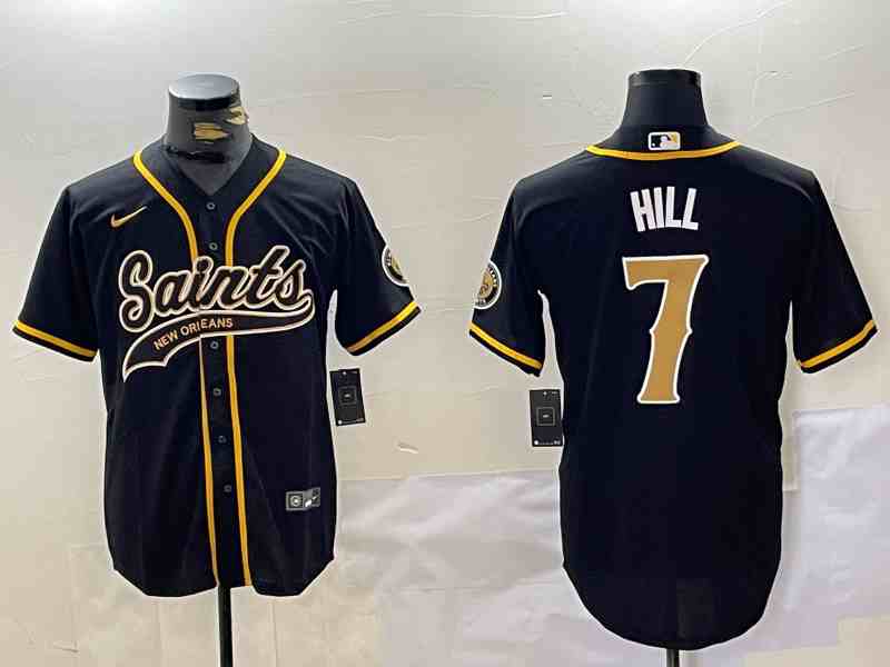 Men's New Orleans Saints #7 Taysom Hill Black With Patch Cool Base Stitched Button Jersey
