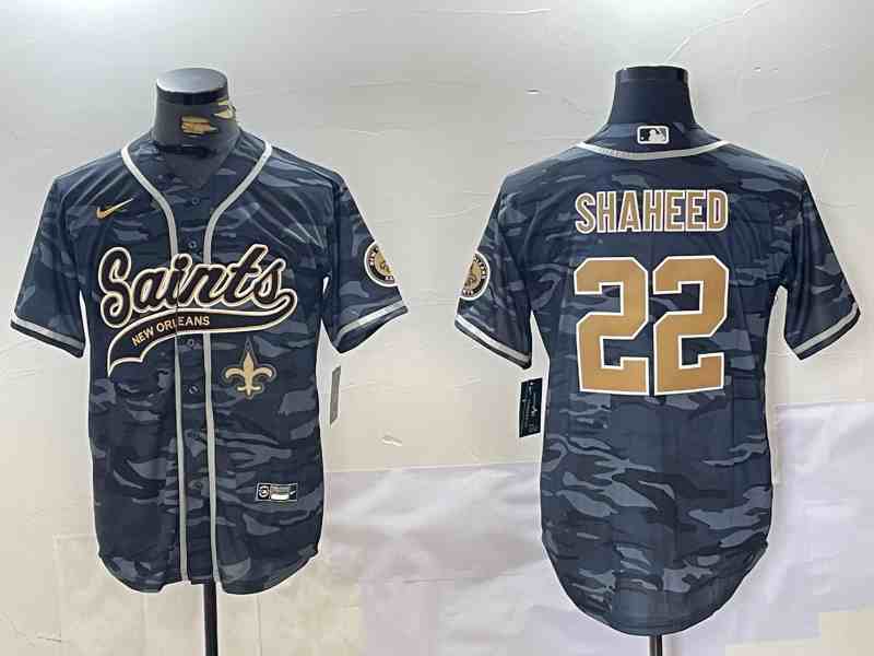 Men's New Orleans Saints #22 Rashid Shaheed Grey Camo With Patch Cool Base Stitched Button Jersey-2