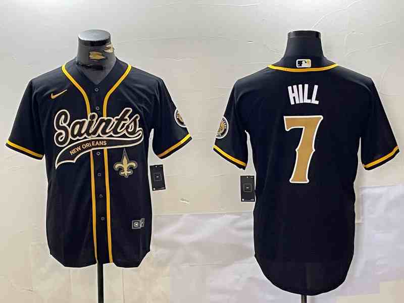 Men's New Orleans Saints #7 Taysom Hill Black With Patch Cool Base Stitched Button Jersey-2