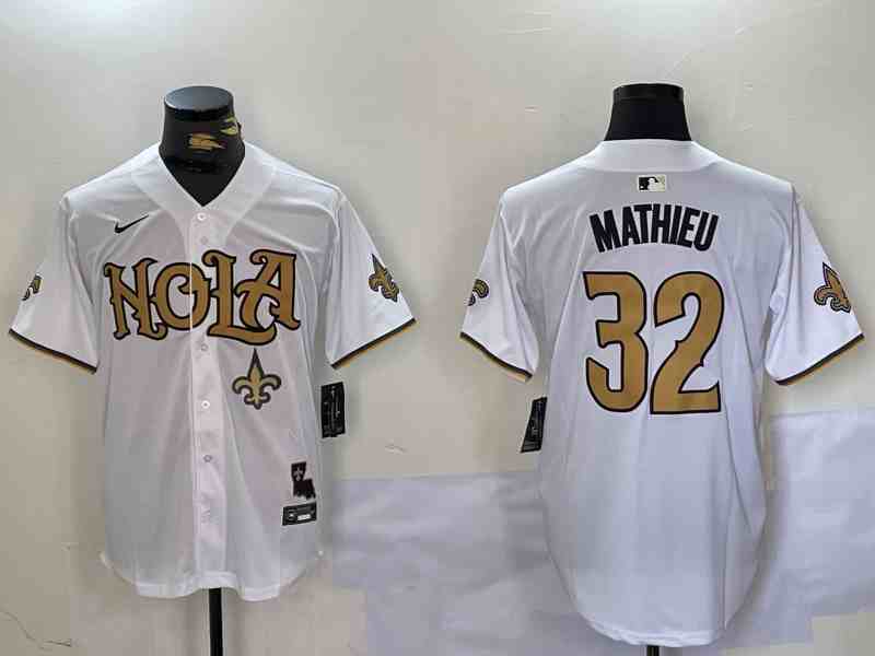 Men's New Orleans Saints #32 Tyrann Mathieu White Cool Base Stitched Button Jersey-2