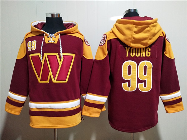 Men's Washington Commanders #99 Chase Young Burgundy Lace-Up Pullover  Hoodie