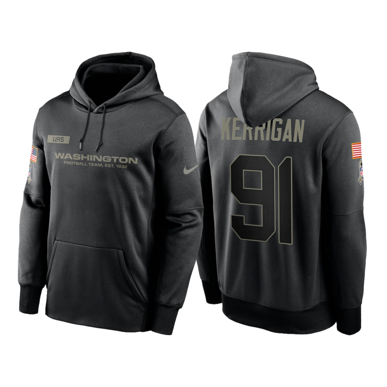 Men's Washington Football Team #91 Ryan Kerrigan 2020 Black Salute To Service Sideline Performance Pullover Hoodie