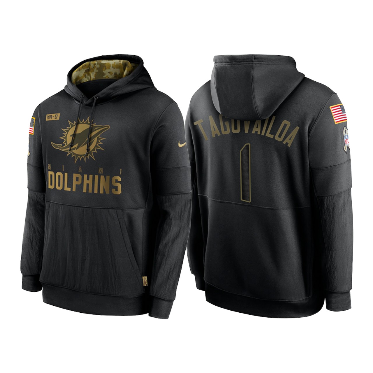 Men's Miami Dolphins #1 Tua Tagovailoa 2020 Black Salute To Service Sideline Performance Pullover Hoodie