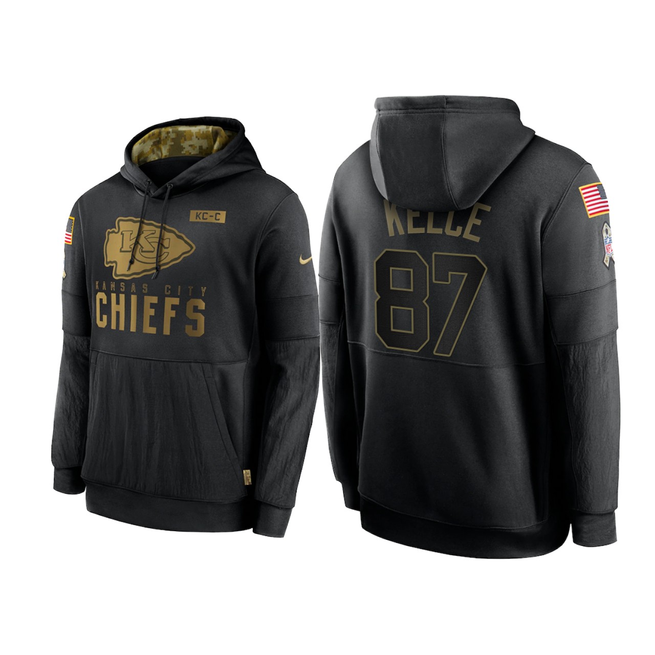 Men's Kansas City Chiefs #87 Travis Kelce 2020 Black Salute To Service Sideline Performance Pullover Hoodie