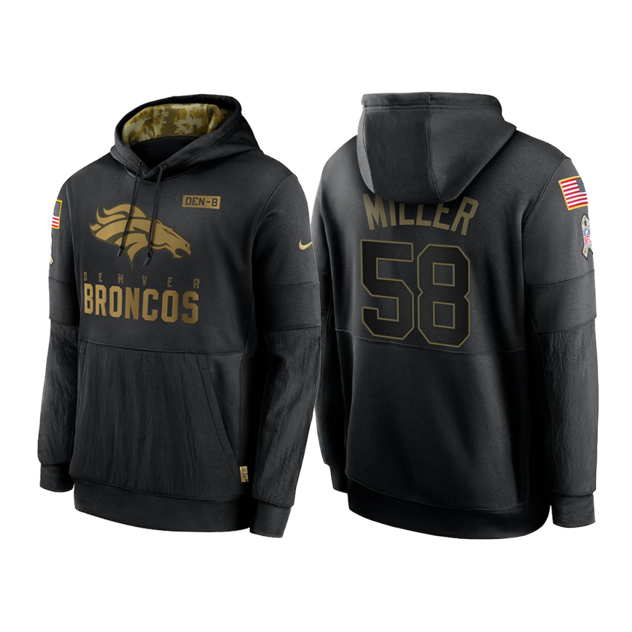 Men's Denver Broncos #58 Von Miller 2020 Black Salute To Service Sideline Performance Pullover Hoodie