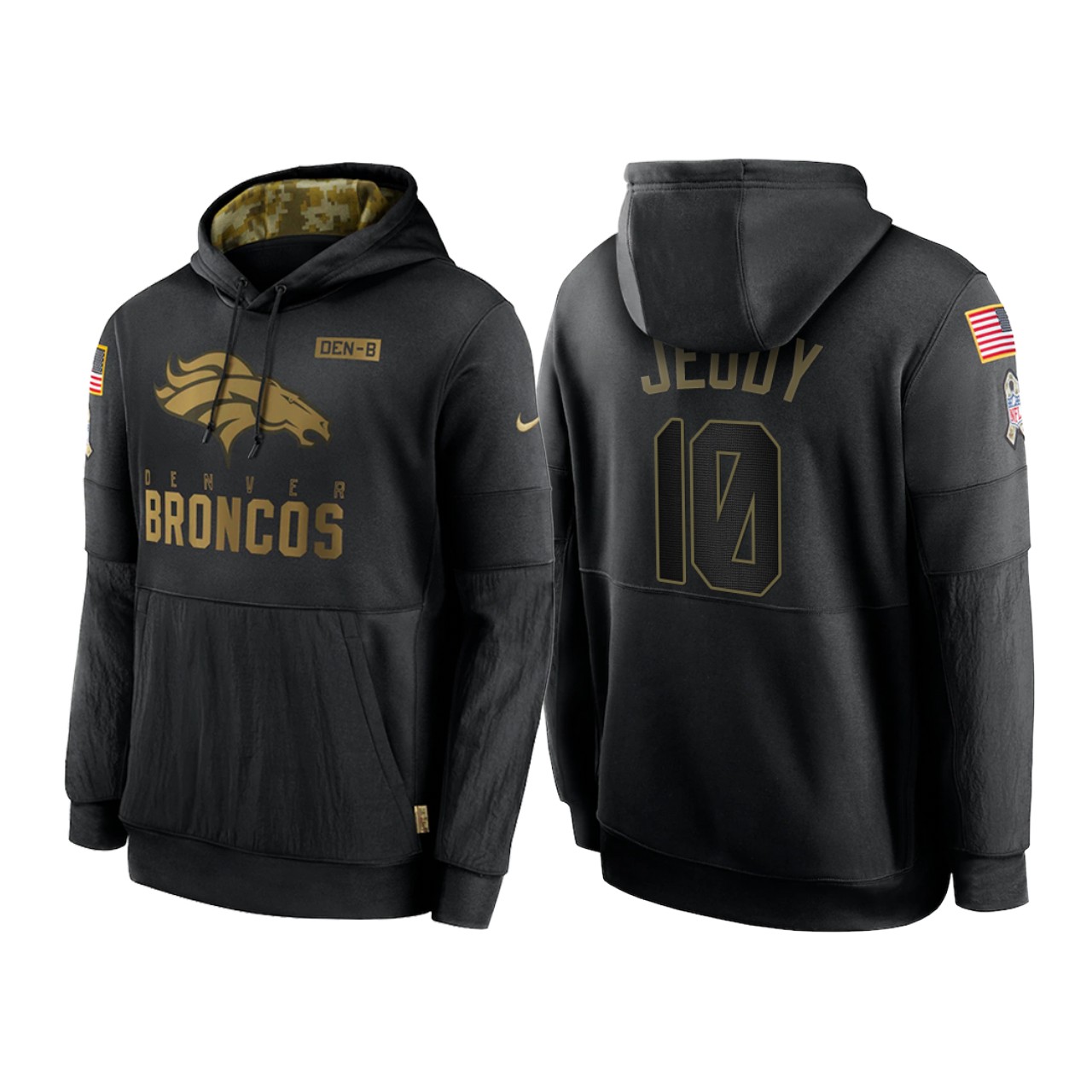Men's Denver Broncos #10 Jerry Jeudy 2020 Black Salute To Service Sideline Performance Pullover Hoodie