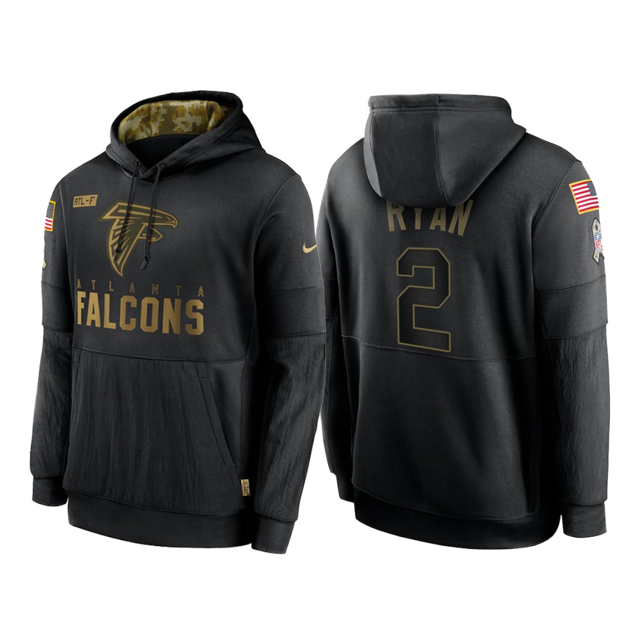 Men's Atlanta Falcons #2 Matt Ryan 2020 Black Salute To Service Sideline Performance Pullover Hoodie
