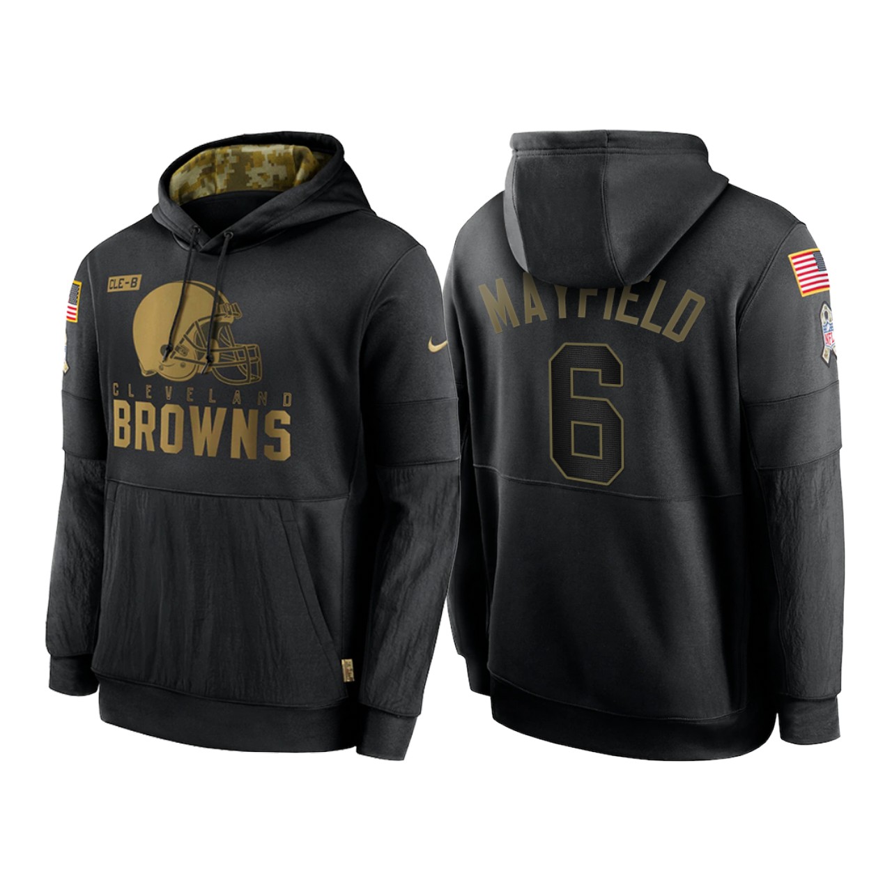 Men's Cleveland Browns #6 Baker Mayfield 2020 Black Salute To Service Sideline Performance Pullover Hoodie