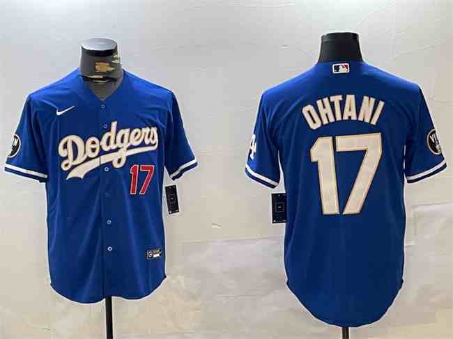Men's Los Angeles Dodgers #17 Shohei Ohtani Blue Vin Patch Cool Base Stitched Baseball Jersey