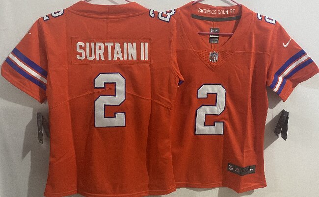 Women's Denver Broncos #2 Patrick Surtain II Orange Mile High Collection 1977 Throwback Stitched Jersey(Run Small)