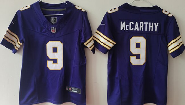 Women's Minnesota Vikings #9 J.J. McCarthy Purple F.U.S.E Throwback Vapor Untouchable Limited Stitched Jersey(Run Small)