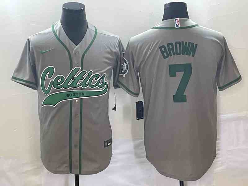Men's Boston Celtics #7 Jaylen Brown Gray button jersey
