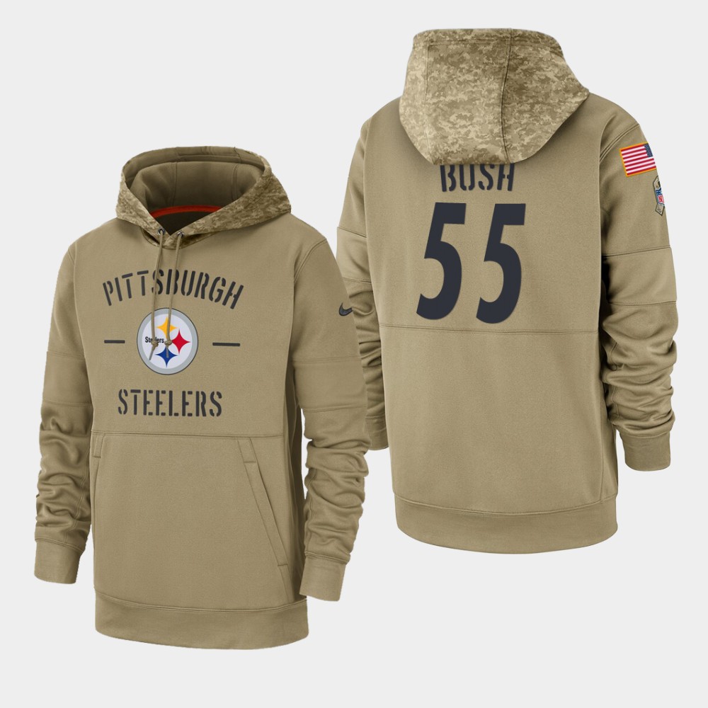Men's Pittsburgh Steelers #55 Devin Bush Tan 2019 Salute To Service Sideline Therma Pullover Hoodie