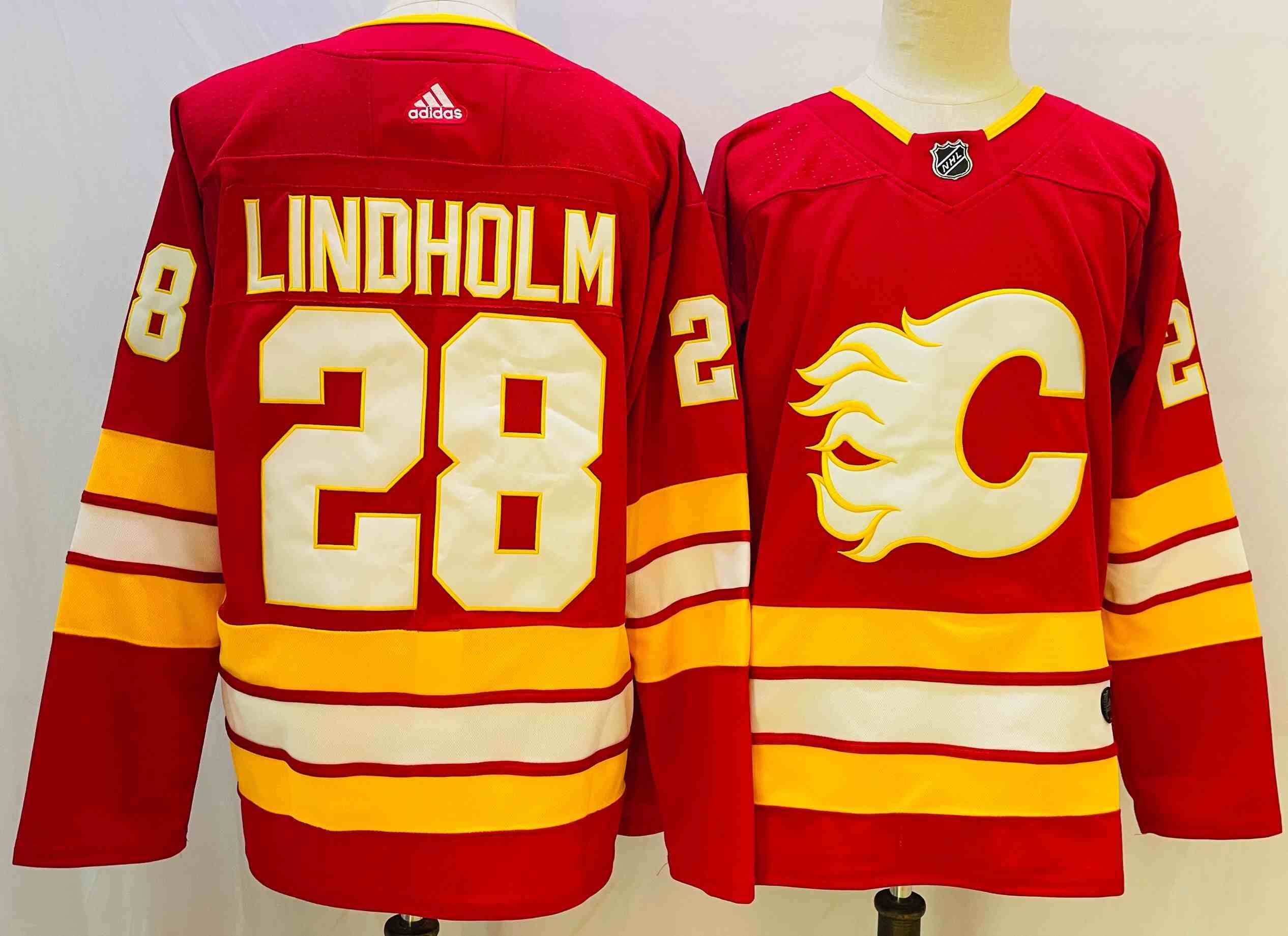 Mens 2022 Nhl Calgary Flames #28 Elias Lindholm Red Adidas Player Jersey