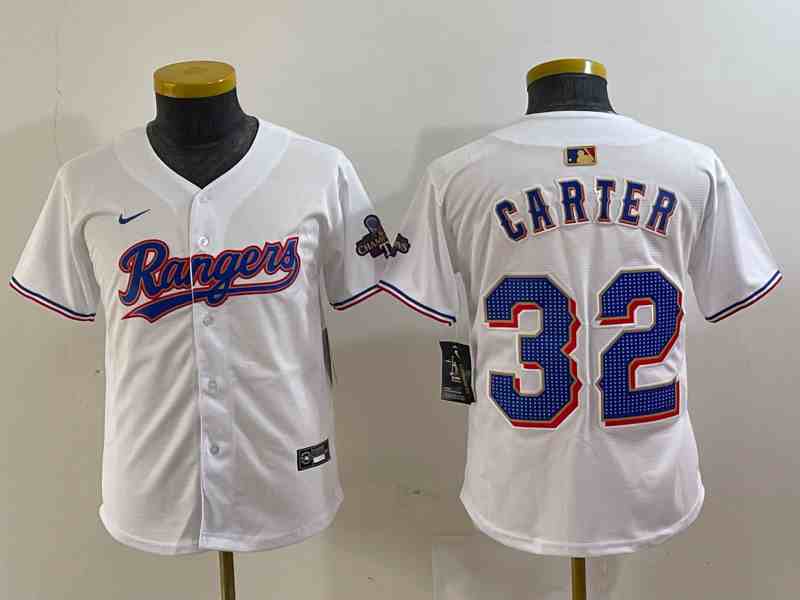 Women's Texas Rangers #32 Evan Carter White 2023 World Series Champions Cool Base Jersey