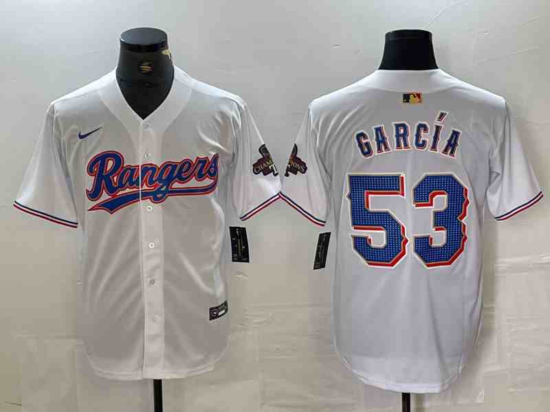 Men's Texas Rangers #53 Adolis Garcia White 2023 World Series Champions Cool Base Jersey
