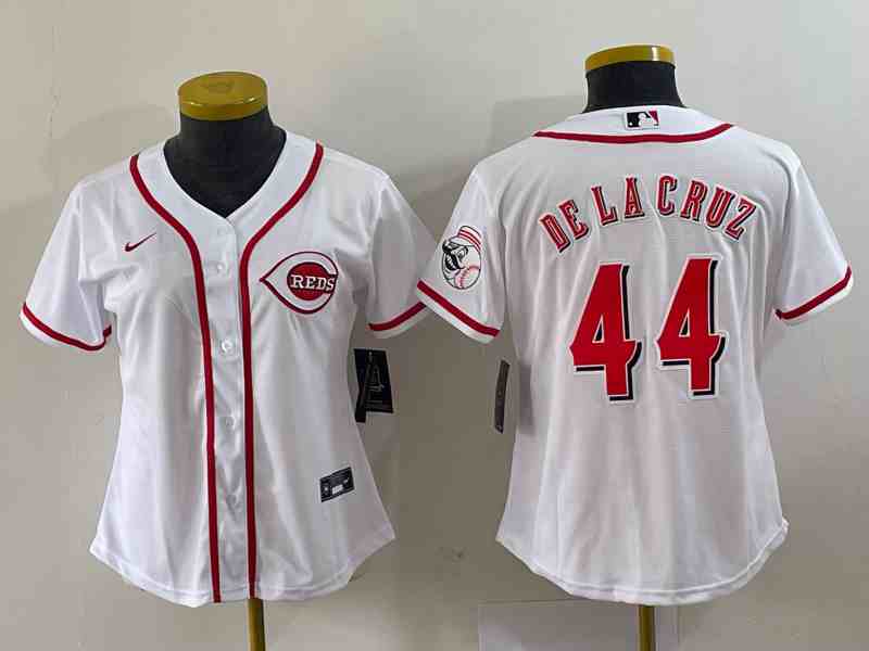 Women's Cincinnati Reds #44 Elly De La Cruz White With Patch Cool Base Stitched Jersey