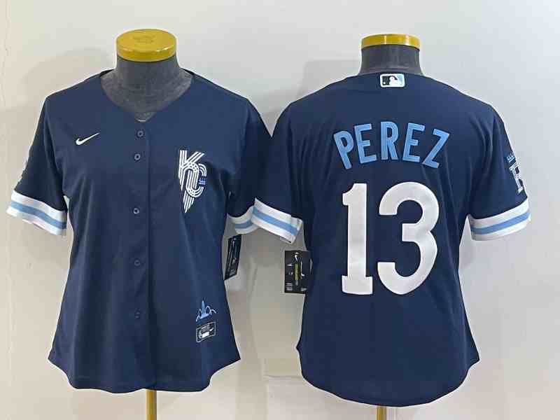 Women's Kansas City Royals #13 Salvador Perez Navy 2022 City Connect Cool Base Jersey
