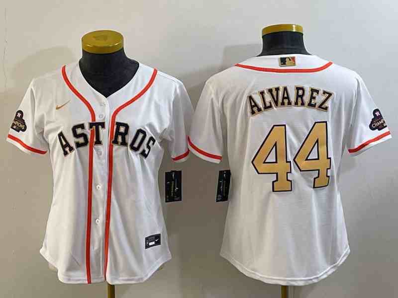 Youth Houston Astros #44 Yordan Alvarez 2023 White Gold World Serise Champions Patch Cool Base Stitched Jersey