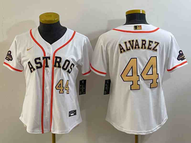 Youth Houston Astros #44 Yordan Alvarez 2023 White Gold World Serise Champions Patch Cool Base Stitched Jersey 1