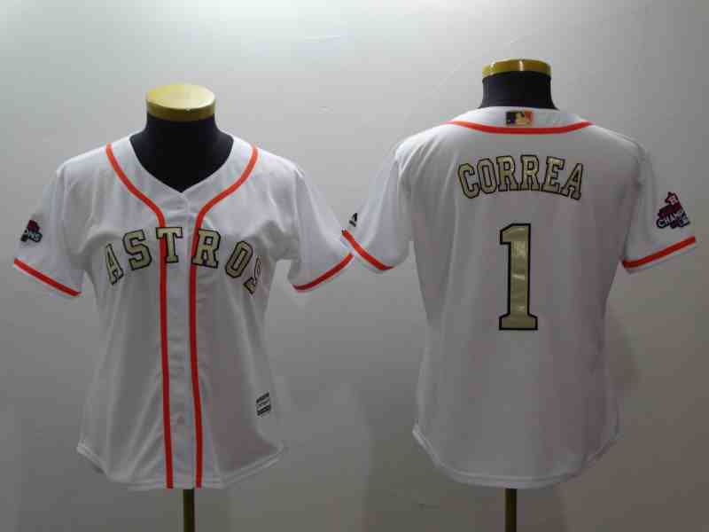 Women's Houston Astros #1 Carlos Correa White  Gold Program Cool Base Jersey