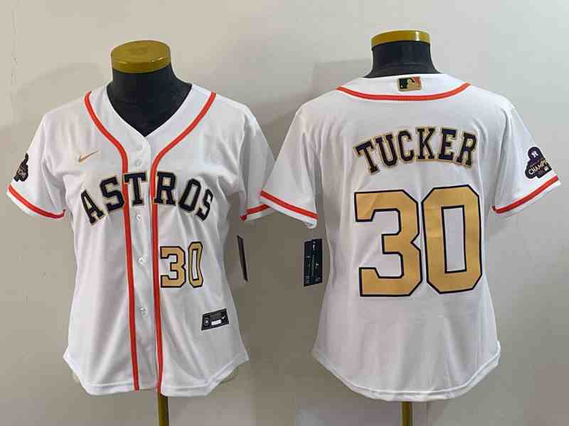 Women's Houston Astros #30 Kyle Tucker 2023 White Gold World Serise Champions Patch Cool Base Stitched Jersey 1