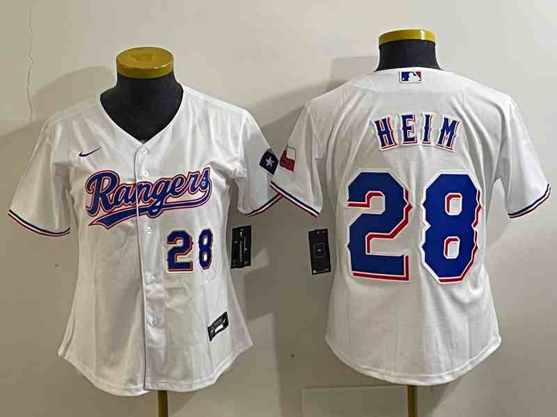 Youth  Texas Rangers #28 Jonah Heim Number White 2023 World Series Champions Cool Base Jersey
