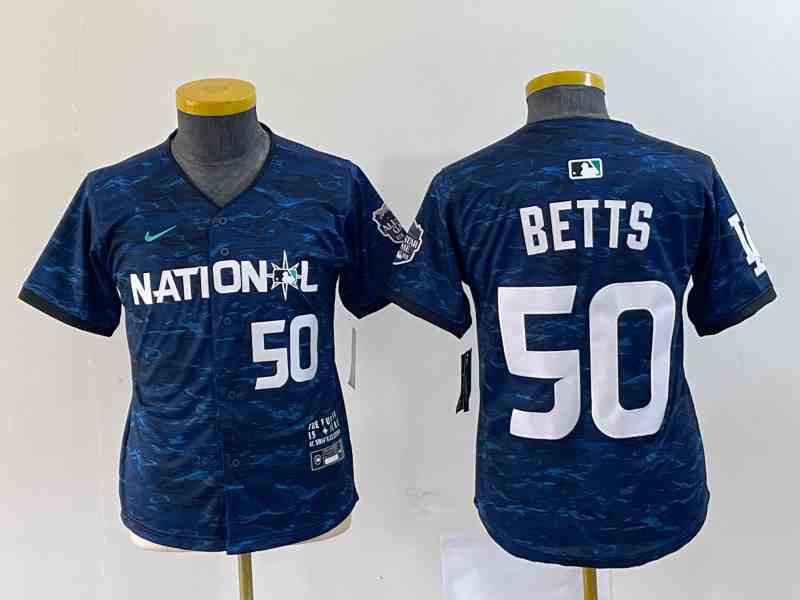 Women's Los Angeles Dodgers #50 Mookie Betts Number Royal 2023 All star Cool Base Stitched Jersey