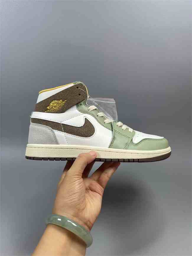 Women's Running Weapon Air Jordan 1 Green White Gray Brown Shoes 442
